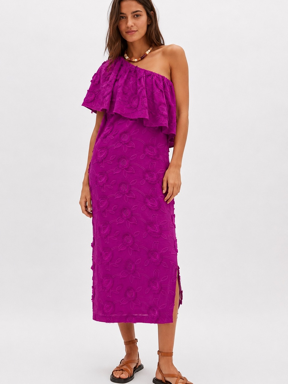 Abbey Glass Sutton One Shoulder Midi Dress | Magenta Floral Textured | XS | NWT